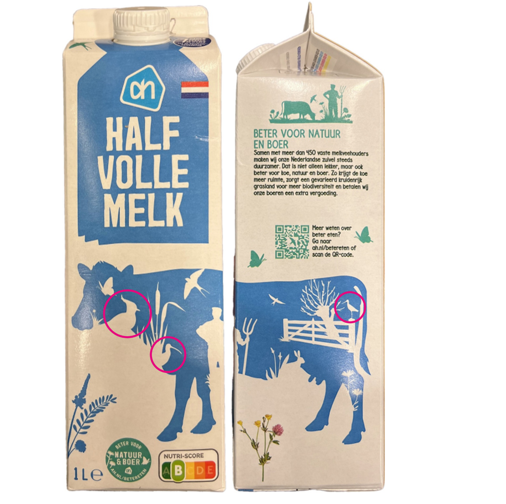 Verpakking van AH halfvolle melk met blauwe silhouetten van een koe en boer; rode cirkels markeren kleine details in de illustratie.