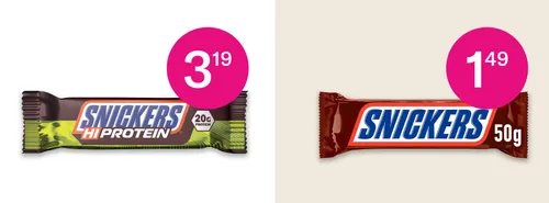 Beeld: prijsvergelijking Snickers met en zonder eiwit